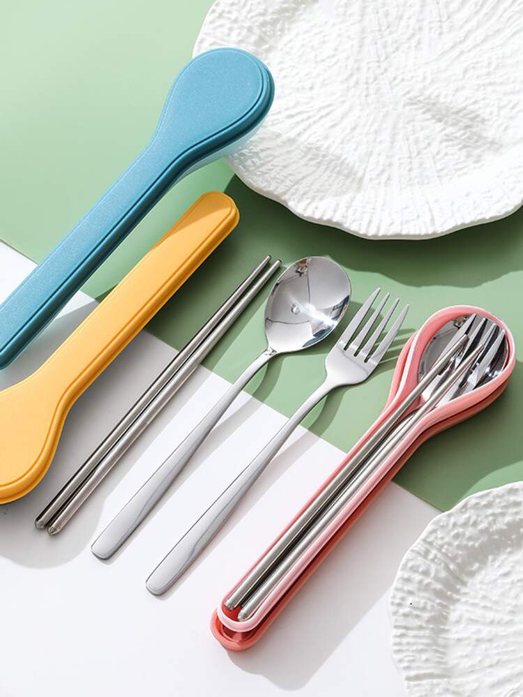3pcs Stainless Steel Cutlery Set & 1pc Random Color Storage Box,Kitchen,Christmas Gift,School Supplies