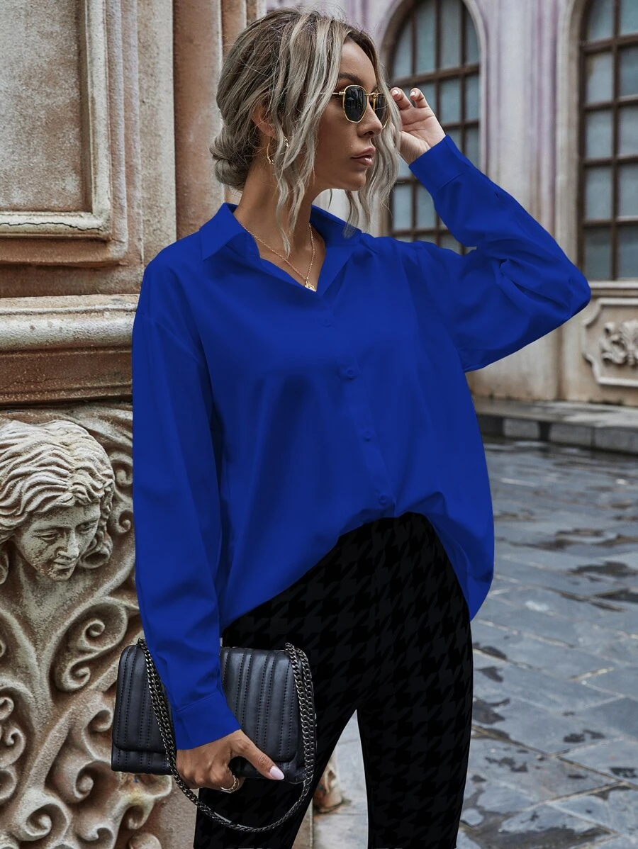 SHEIN LUNE Camisa de hombros caídos con botón unicolor