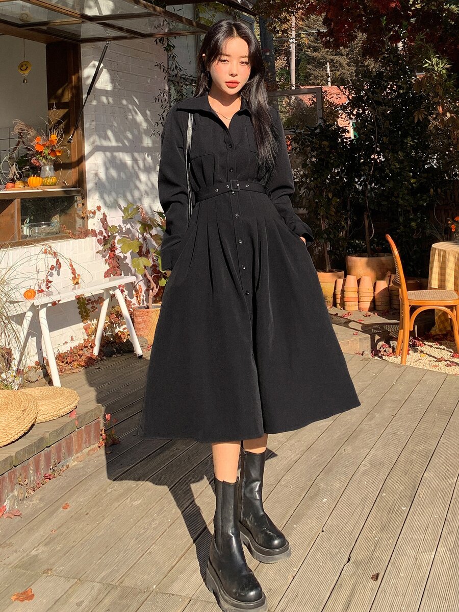 DAZY 素色腰帶襯衫連衣裙 - 黑色 - 查看 1