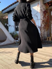 DAZY 素色腰帶襯衫連衣裙 - 黑色 - 查看 2