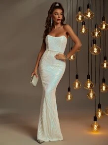 Mermaid Hem Sequin Tube Prom Dress - White - View 1
