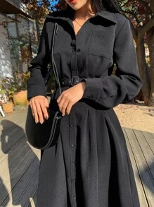 DAZY 素色腰帶襯衫連衣裙 - 黑色 - 查看 3