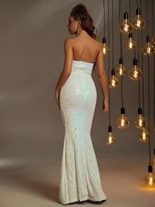 Mermaid Hem Sequin Tube Prom Dress - White - View 2