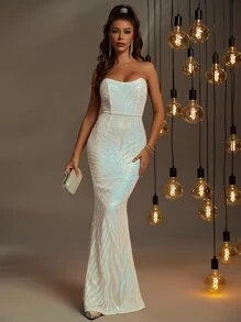 Mermaid Hem Sequin Tube Prom Dress - White - View 4