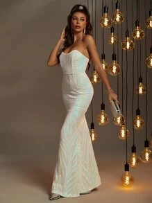 Mermaid Hem Sequin Tube Prom Dress - White - View 6