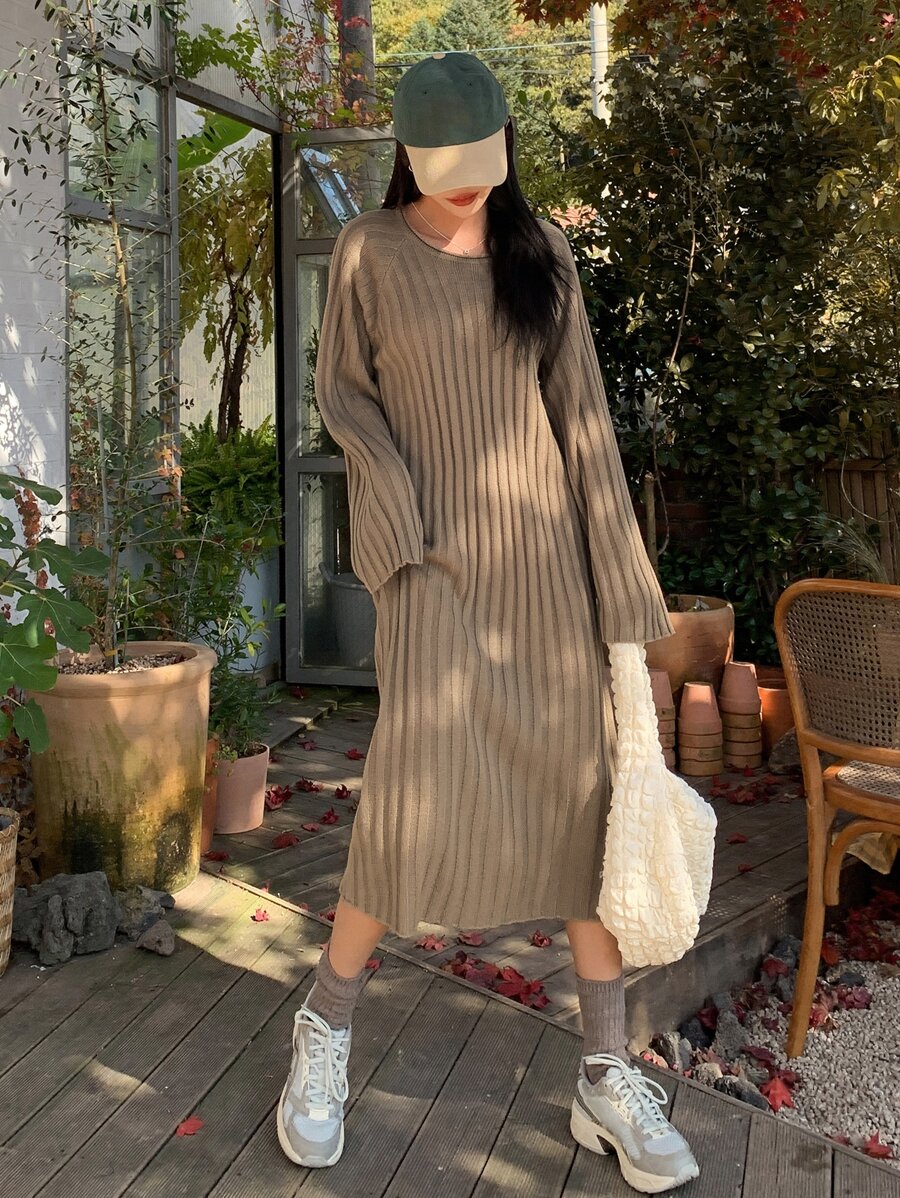 DAZY Solid Raglan Sleeve Jumper Dress - Khaki - View 1