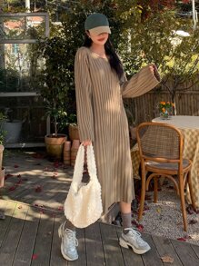 DAZY Solid Raglan Sleeve Jumper Dress - Khaki - View 3