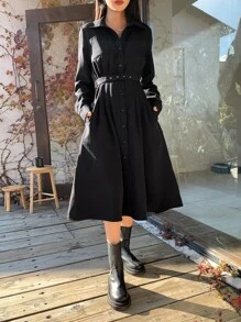 DAZY 素色腰帶襯衫連衣裙 - 黑色 - 查看 7