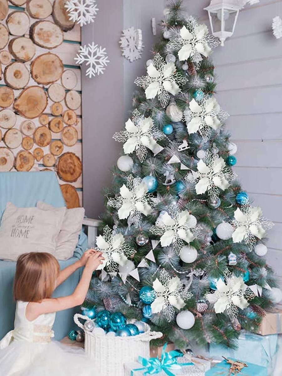 6pcs Christmas Artificial Flower With Clip - White - View 1