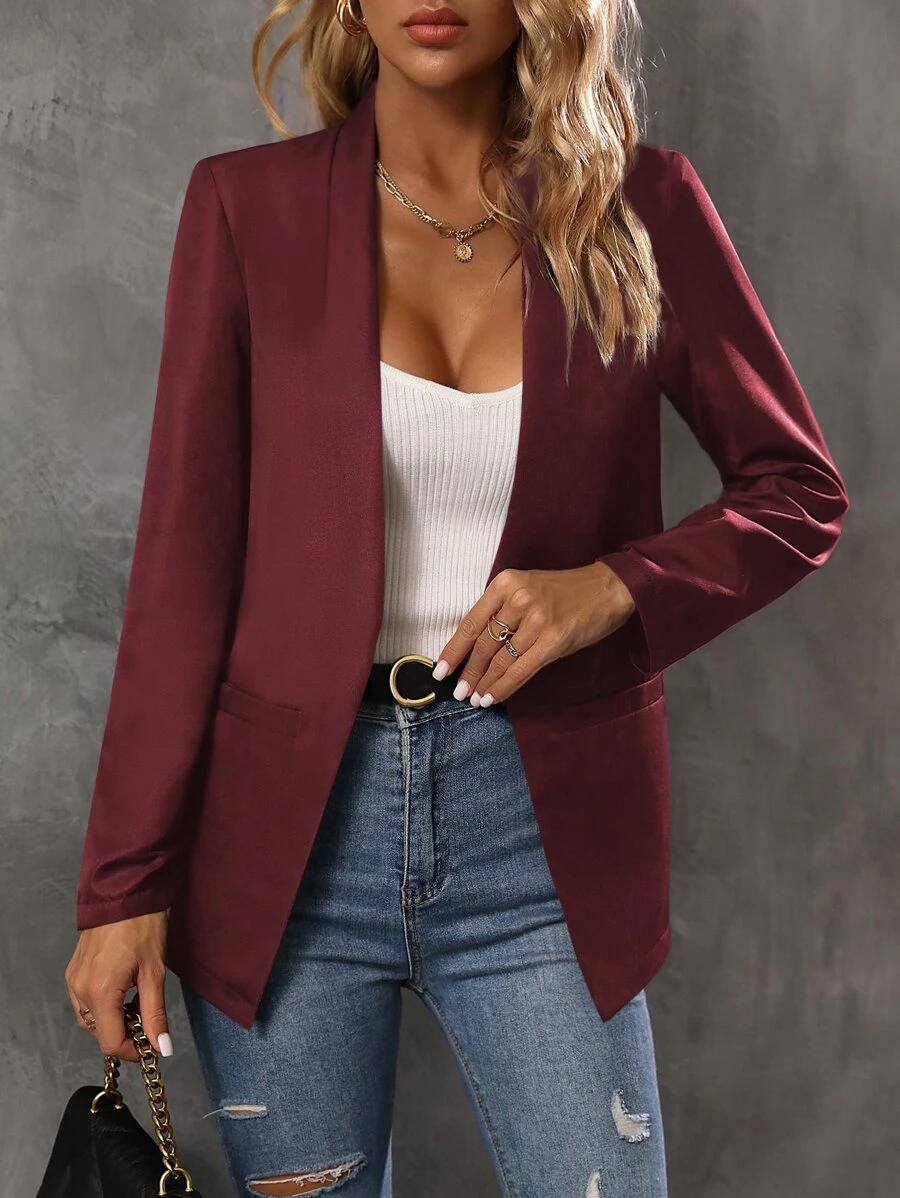 SHEIN LUNE Solid Open Front Blazer - Burgundy - View 1