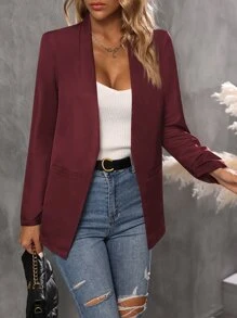 SHEIN LUNE Solid Open Front Blazer - Burgundy - View 3