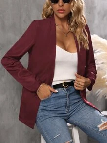 SHEIN LUNE Solid Open Front Blazer - Burgundy - View 4