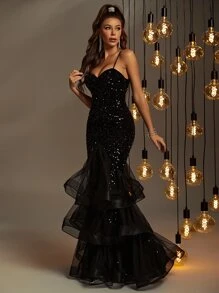 Faeriesty Luxury Sequin-Embellished Mermaid Gown With Delicate Spaghetti Straps, Sculptural Low-Back Design, Flared Tulle Ruffled Hem & Sparkling Intricate Detailing – Elegant Attire For Black-Tie Galas, Red Carpet Events, Formal Weddings, Award Ceremonies, And Upscale Evening Receptions,Party Dress,Wedding Guest - Black - View 1