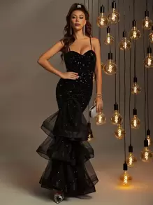 Faeriesty Luxury Sequin-Embellished Mermaid Gown With Delicate Spaghetti Straps, Sculptural Low-Back Design, Flared Tulle Ruffled Hem & Sparkling Intricate Detailing – Elegant Attire For Black-Tie Galas, Red Carpet Events, Formal Weddings, Award Ceremonies, And Upscale Evening Receptions,Party Dress,Wedding Guest - Black - View 4