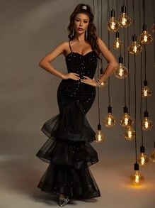 Faeriesty Luxury Sequin-Embellished Mermaid Gown With Delicate Spaghetti Straps, Sculptural Low-Back Design, Flared Tulle Ruffled Hem & Sparkling Intricate Detailing – Elegant Attire For Black-Tie Galas, Red Carpet Events, Formal Weddings, Award Ceremonies, And Upscale Evening Receptions,Party Dress,Wedding Guest - Black - View 5