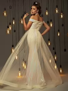 一字肩網紗拼接亮片舞會連衣裙 - 彩色 - 查看 2