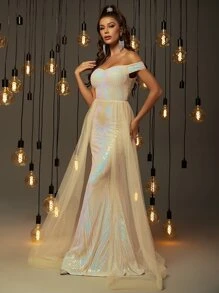 一字肩網紗拼接亮片舞會連衣裙 - 彩色 - 查看 4