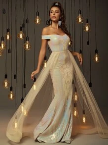 一字肩網紗拼接亮片舞會連衣裙 - 彩色 - 查看 5