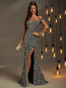 Off Shoulder Split Thigh Sequin Prom Dress