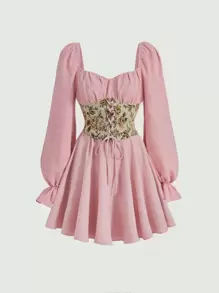 SHEIN MOD Đầm Ren lên Dây kéo áo nịt Xù Nếp gấp Phần Ngực Hoa Retro - Bụi hồng - Xem 1