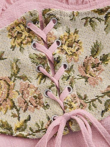 SHEIN MOD Đầm Ren lên Dây kéo áo nịt Xù Nếp gấp Phần Ngực Hoa Retro - Bụi hồng - Xem 2