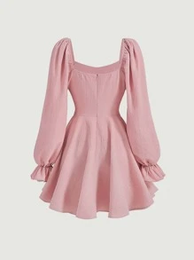 SHEIN MOD Đầm Ren lên Dây kéo áo nịt Xù Nếp gấp Phần Ngực Hoa Retro - Bụi hồng - Xem 4