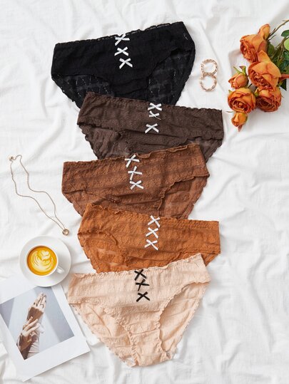 Plus 5pack Bow Decor Lace Panty