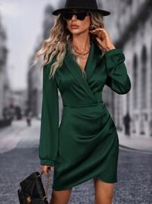 SHEIN LUNE Shawl Collar Asymmetrical Hem Satin Dress - Green - View 5