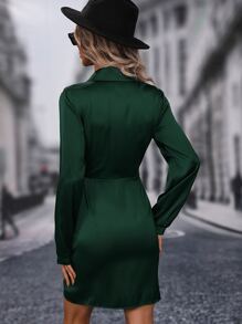 SHEIN LUNE Shawl Collar Asymmetrical Hem Satin Dress - Green - View 2