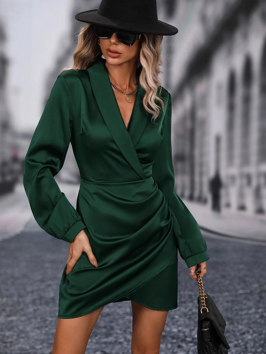 SHEIN LUNE Shawl Collar Asymmetrical Hem Satin Dress - Green - View 1