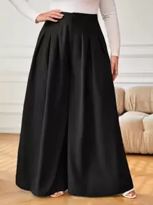 Reflora Plus High Waist Plicated Detail Wide Leg Pants - Black - View 1