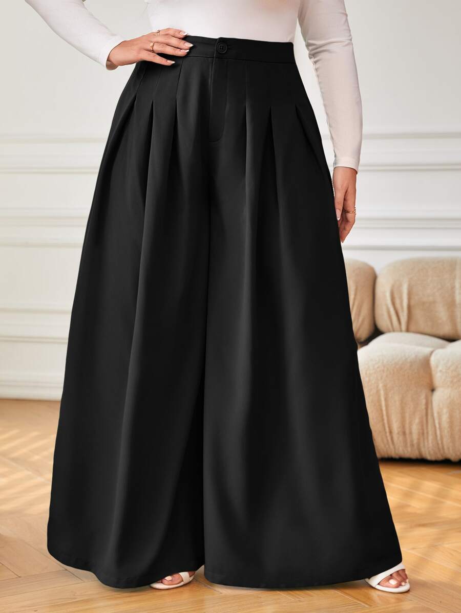 Reflora Plus High Waist Plicated Detail Wide Leg Pants - Black - View 1