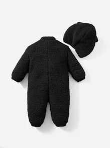 SHEIN Baby Girl's Front Zipper Velvet Jumpsuit And Hat, Comfortable, Cute, Sweet And Suitable For Summer - Black - View 2