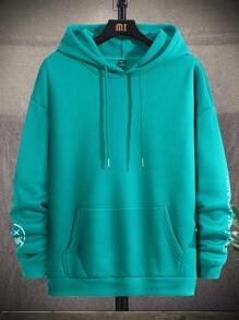 Manfinity Nam Lỏng lẻo phù hợp Hoodie Với Nhiệt Chất vải , Đồ họa Chữ cái , Túi kangaroo , Thả vai Và Dây rút - màu xanh lá - Xem 3