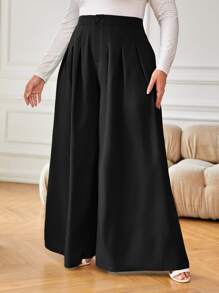 Reflora Plus High Waist Plicated Detail Wide Leg Pants - Black - View 3
