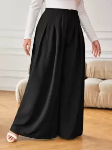 Reflora Plus High Waist Plicated Detail Wide Leg Pants - Black - View 5