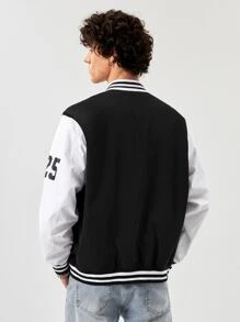 Manfinity RebelGame Oversized Men's Letter Print Striped Trim Varsity Jacket - Black and White - View 3