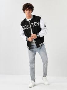 Manfinity RebelGame Oversized Men's Letter Print Striped Trim Varsity Jacket - Black and White - View 4