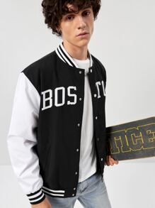 Manfinity RebelGame Oversized Men's Letter Print Striped Trim Varsity Jacket - Black and White - View 5