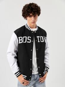 Manfinity RebelGame Oversized Men's Letter Print Striped Trim Varsity Jacket - Black and White - View 6