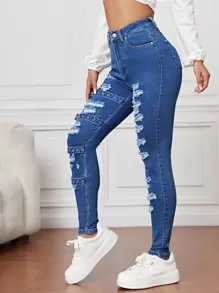 SHEIN Essnce Quần jean nữ Nút Túi Bị tách Dây kéo Thùa khuyết màu trơn - Rửa trung bình - Xem 2