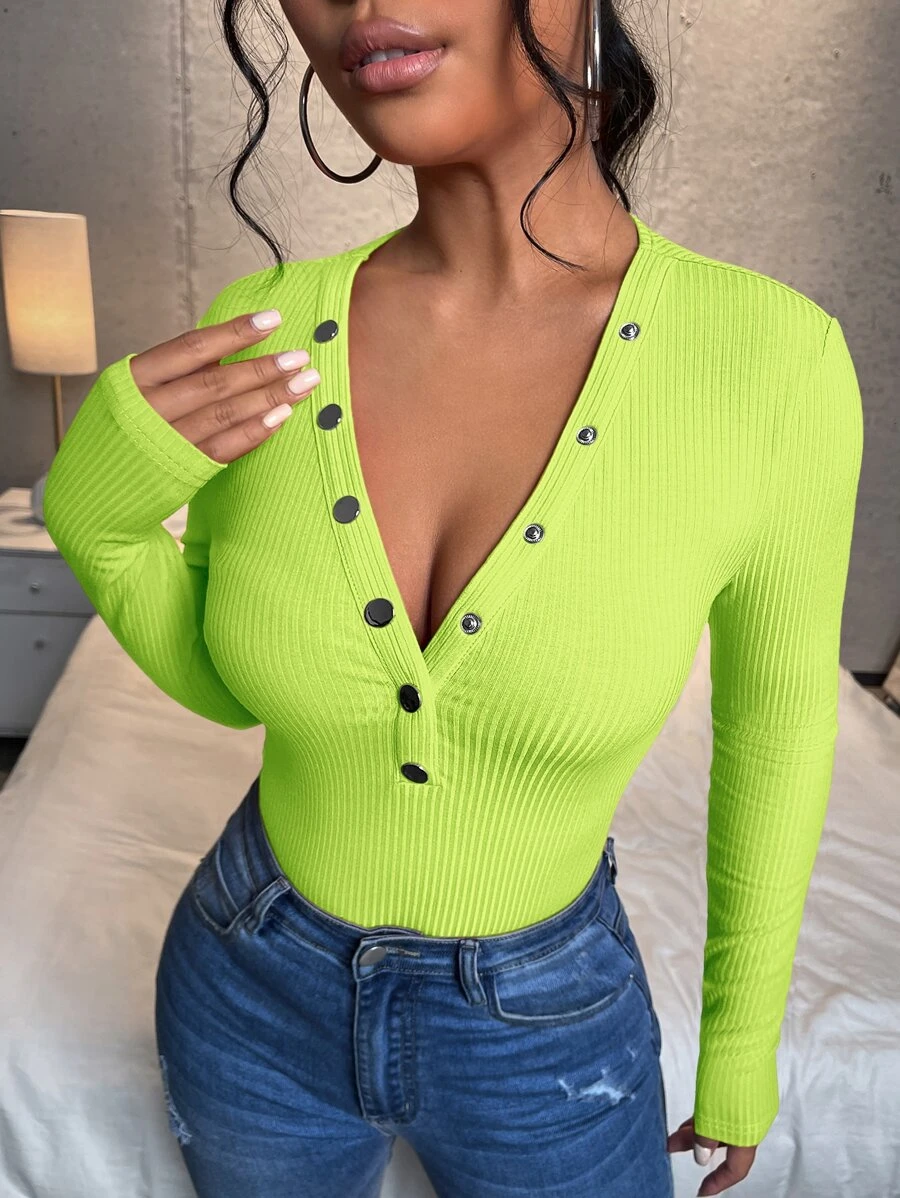 SHEIN Essnce Button Up Rib-Knit Tee - Lime Green - View 1