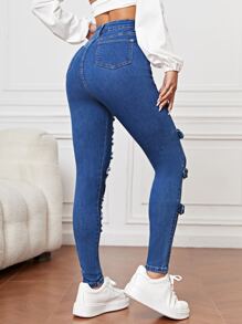 SHEIN Essnce Quần jean nữ Nút Túi Bị tách Dây kéo Thùa khuyết màu trơn - Rửa trung bình - Xem 3