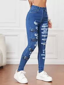 SHEIN Essnce Quần jean nữ Nút Túi Bị tách Dây kéo Thùa khuyết màu trơn - Rửa trung bình - Xem 1
