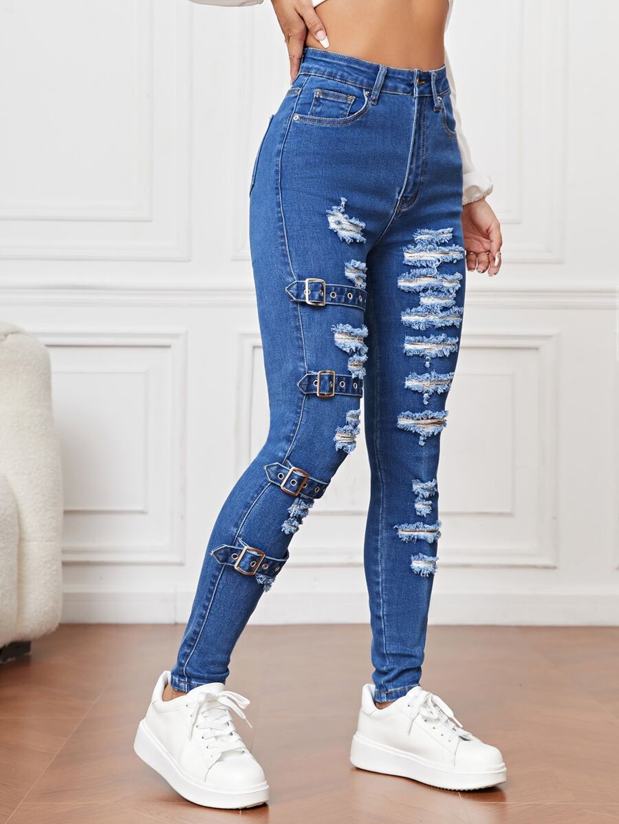 SHEIN Essnce Quần jean nữ Nút Túi Bị tách Dây kéo Thùa khuyết màu trơn - Rửa trung bình - Xem 1