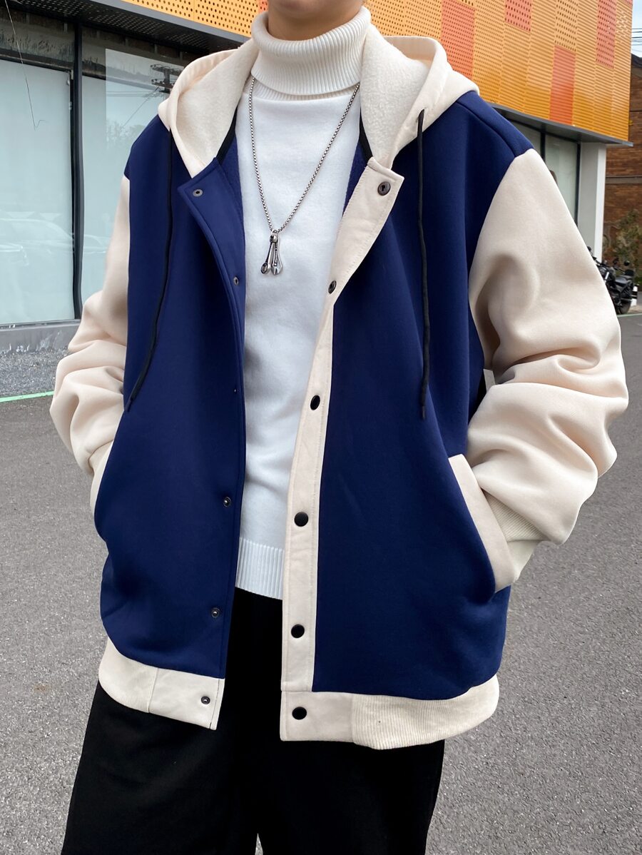 Manfinity Homme 男士雙色下垂肩束繩連帽寬鬆外套 - 藏蓝色 - 查看 1