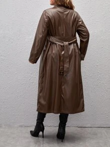 SHEIN SXY 大碼西裝領腰帶PU皮革風衣外套