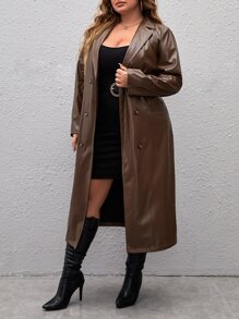 SHEIN SXY 大碼西裝領腰帶PU皮革風衣外套