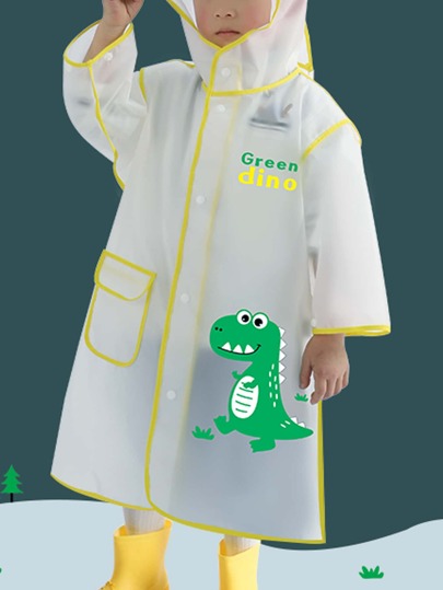 Kids Cartoon Dinosaur Pattern Contrast Binding Raincoat, Cute Hooded Rain Jacket For Children, Outdoor For School,Office,Household,Travel