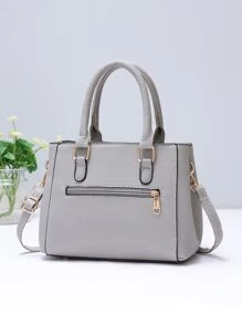 1 pieza Bolso de mano de moda multicapa, bolso de mujer de unicolor, bolso bandolera con colgante de pompón de peluche, diseño de doble asa superior, decorado con bola de peluche y detalles metálicos, bolso bandolera de PU para mujer, regalo del Día de la Madre